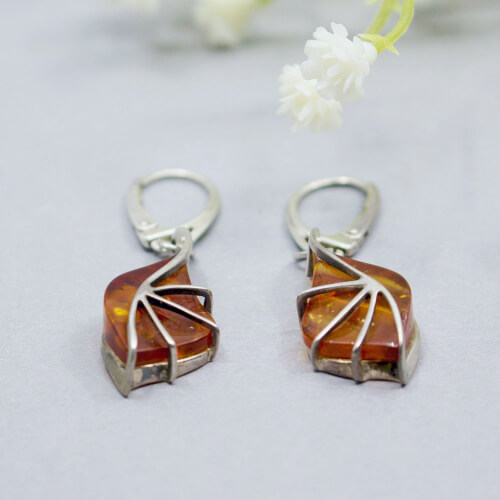 Florale 925 Sterlingsilber Ohrringe mit honigfarbenen Bernstein, Detail