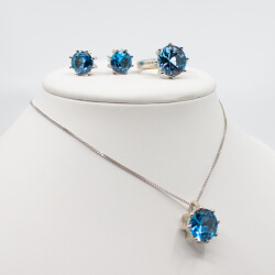 Schmuckset 925 Silber mit blauem Zirkonia Kristall 925er Silber Set mit blauem Zirkonia Front