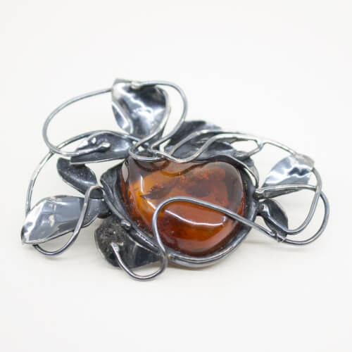 Designer Brosche Bernstein 925 Silber Front