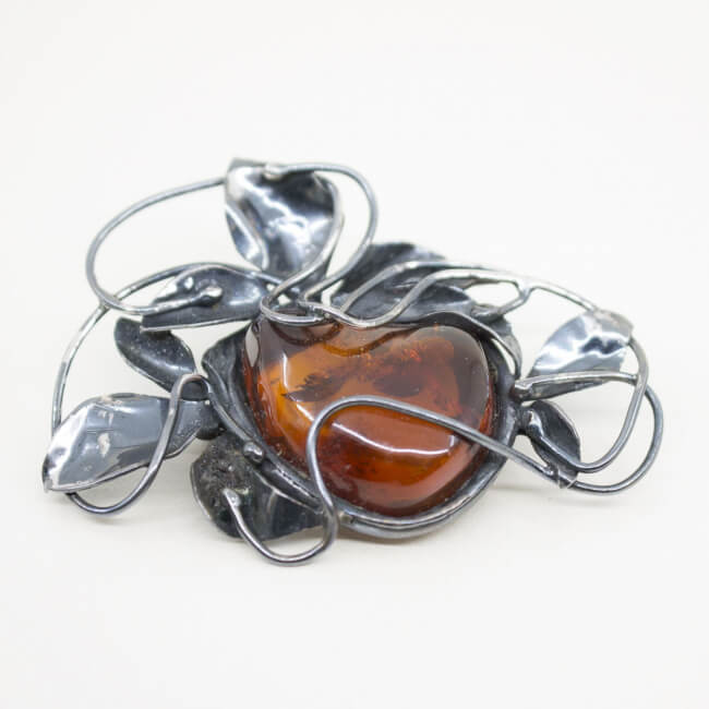 Designer Brosche Bernstein 925 Silber Front