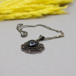 Onyx Anhänger & Kette im Art Deco Stil, 925 Silber geschwaerzte Vintage Kette mit Onyx Hoehe