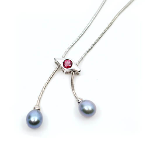 Kette 925 Silber Italy roter Zirkon Perlen graublau