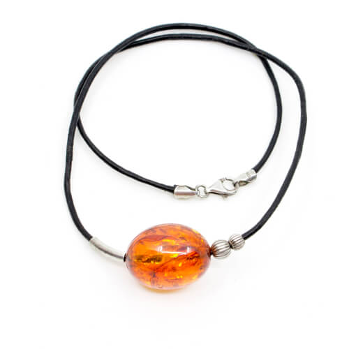 Kette Bernsteinperle Lederband 925 Silberschließe Front