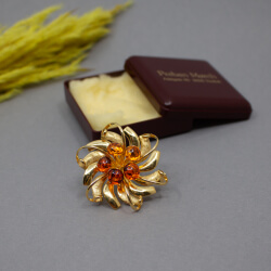 Hochwertig vergoldete florale Brosche mit Bernstein Vintage AM Double Brosche