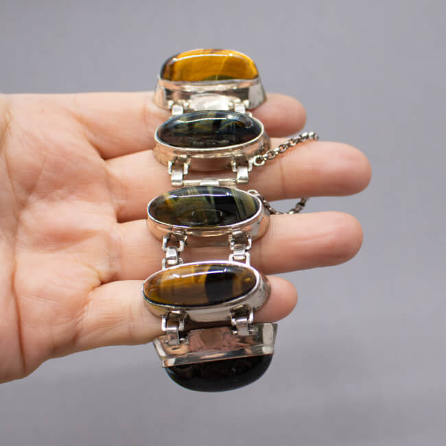 Vintage Armband mit Tigerauge 835 Silber rhodiniert, Groesse