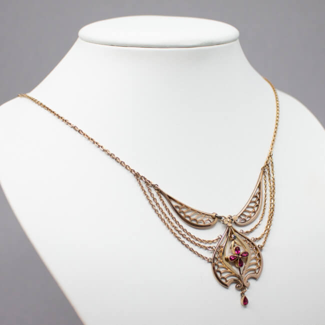 Florales Granat Collier - Jugendstil um 1900 Bild 1 zarte antike Halskette mit Granat Seite