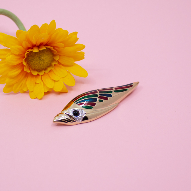 Pierre Lang Brosche vergoldet 'Fisch oder Pelikan' Bild 1 Pierre Lang goldene Brosche Muschel Detail