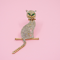 Strass Katze Vintage Brosche Front