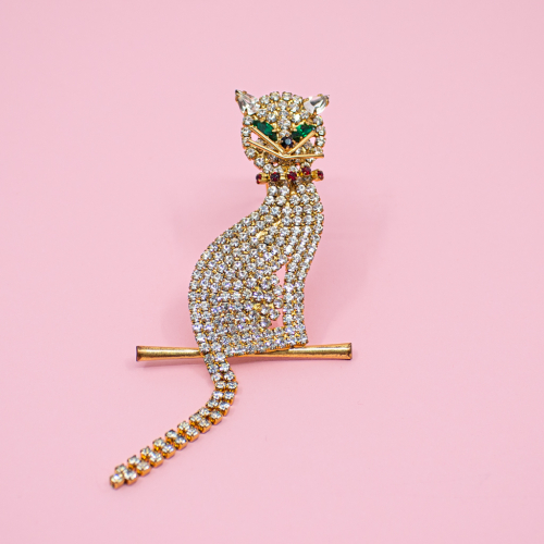 Strass Katze Vintage Brosche Front